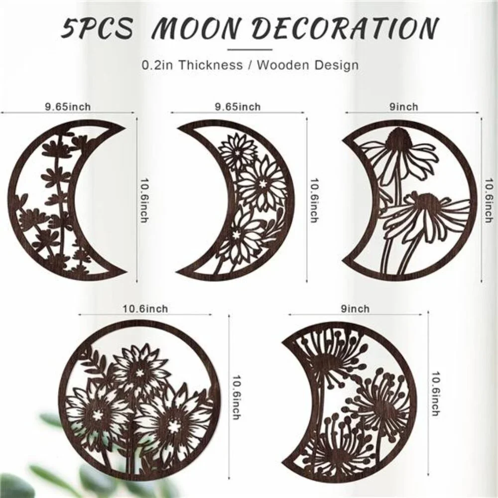 5 Pcs Moon Phase Wall Hanging Decor Art Above Bed 10.6